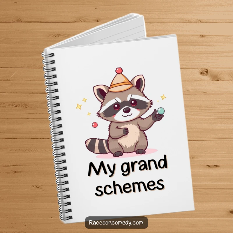 Funny cute raccoon notebook, tiny hat, juggling shiny items, blank pages, perfect funny gift.