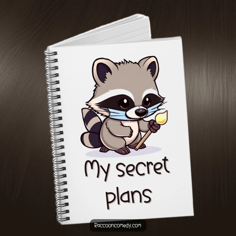 Funny notebook with a cute, masked raccoon tiptoeing with a shiny object, perfect for jotting down notes with a touch of playful thievery.