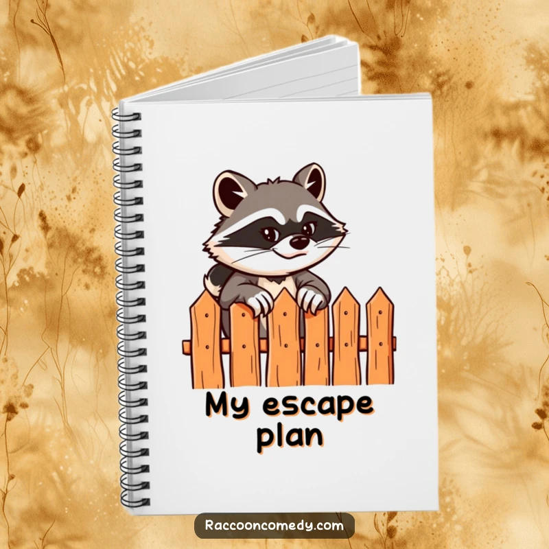 Funny notebook cover with a sly raccoon scaling a fence, symbolizing a space for capturing daring ideas and humor.