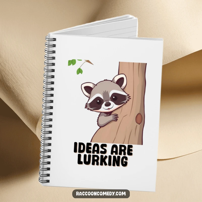 Funny raccoon notebook, perfect for jotting down thoughts, featuring a curious raccoon peeking from behind a tree, school or office supply.