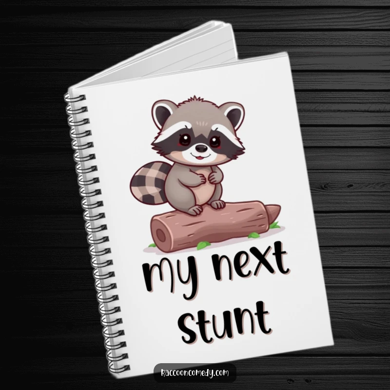 Funny Raccoon Notebook: A tiny raccoon balances on a log, symbolizing focus for your writing.