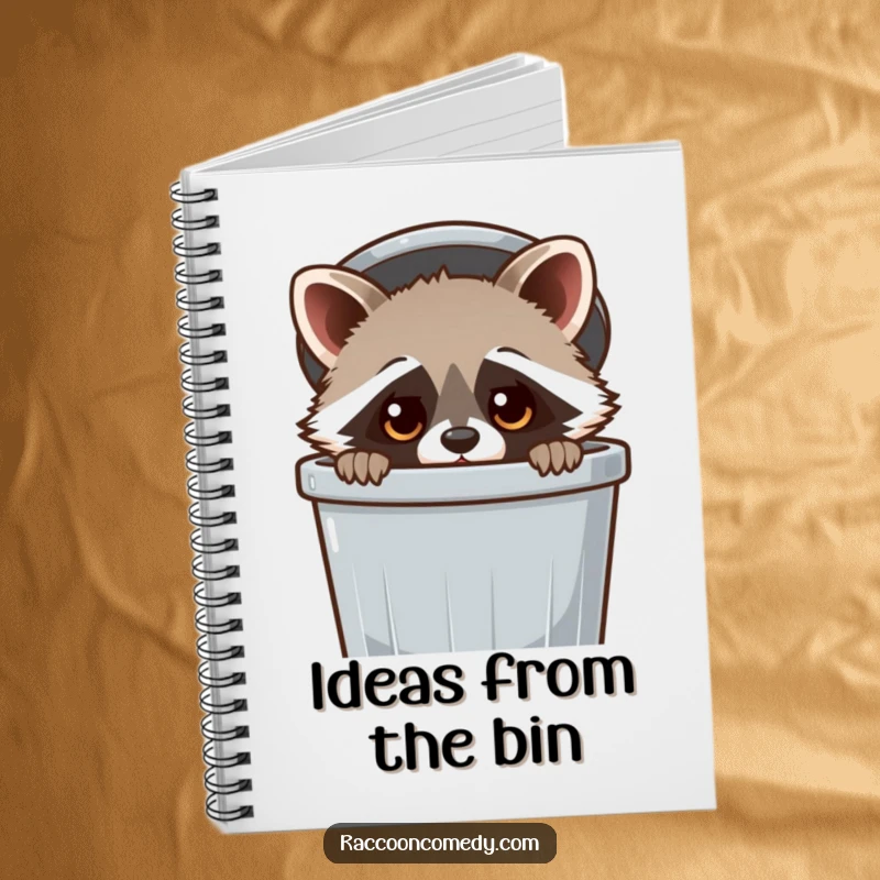 Funny Raccoon Notebook: A kawaii raccoon peeking from a trash can, perfect for jotting down notes with a smile.