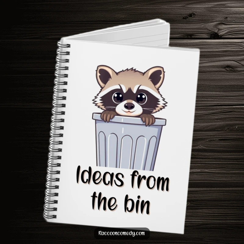 Funny notebook cover with a curious raccoon peeking from a trash can, symbolizing a space for capturing intriguing thoughts and humor.