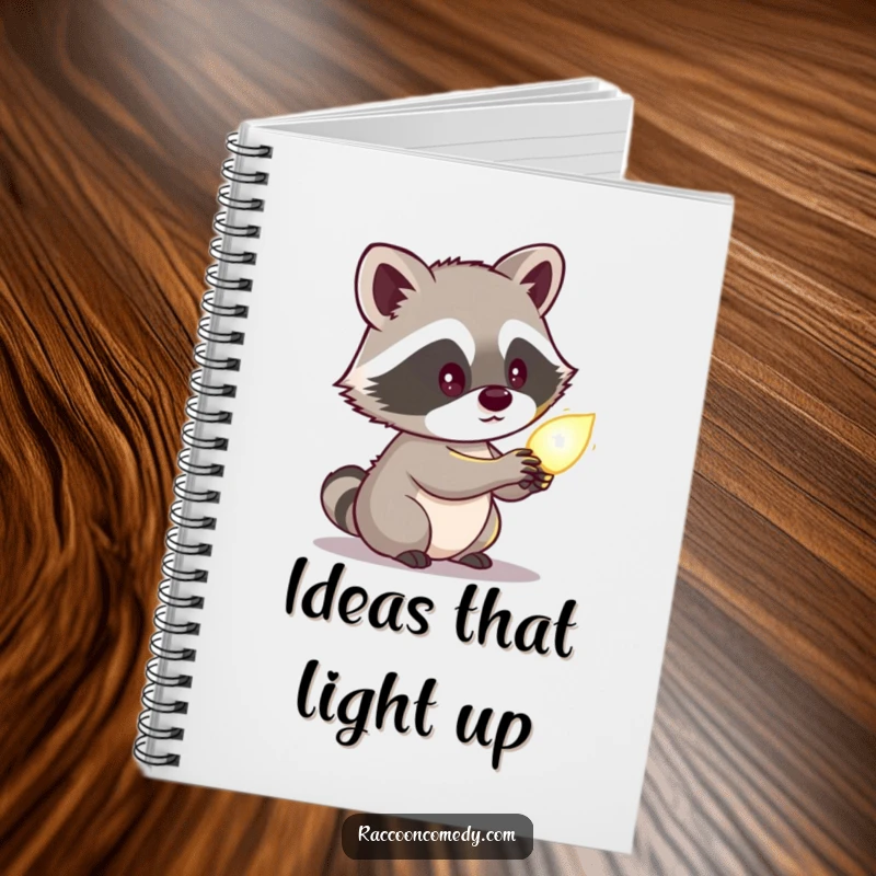 Funny raccoon notebook with a cute character looking curiously at a glowing object, perfect for journaling or jotting down ideas.