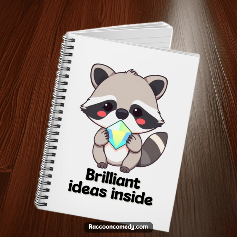Funny notebook featuring a sweet kawaii raccoon holding out a sparkling gem, perfect for writing down cherished ideas.
