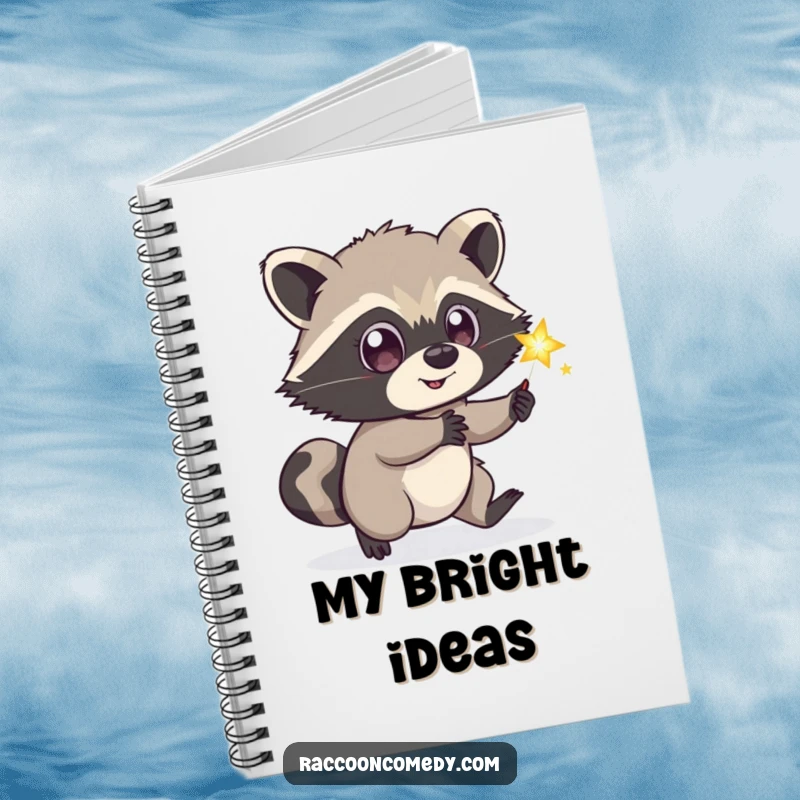 Funny playful raccoon notebook, wide eyes, chasing sparkling firefly, blank pages, perfect funny gift.