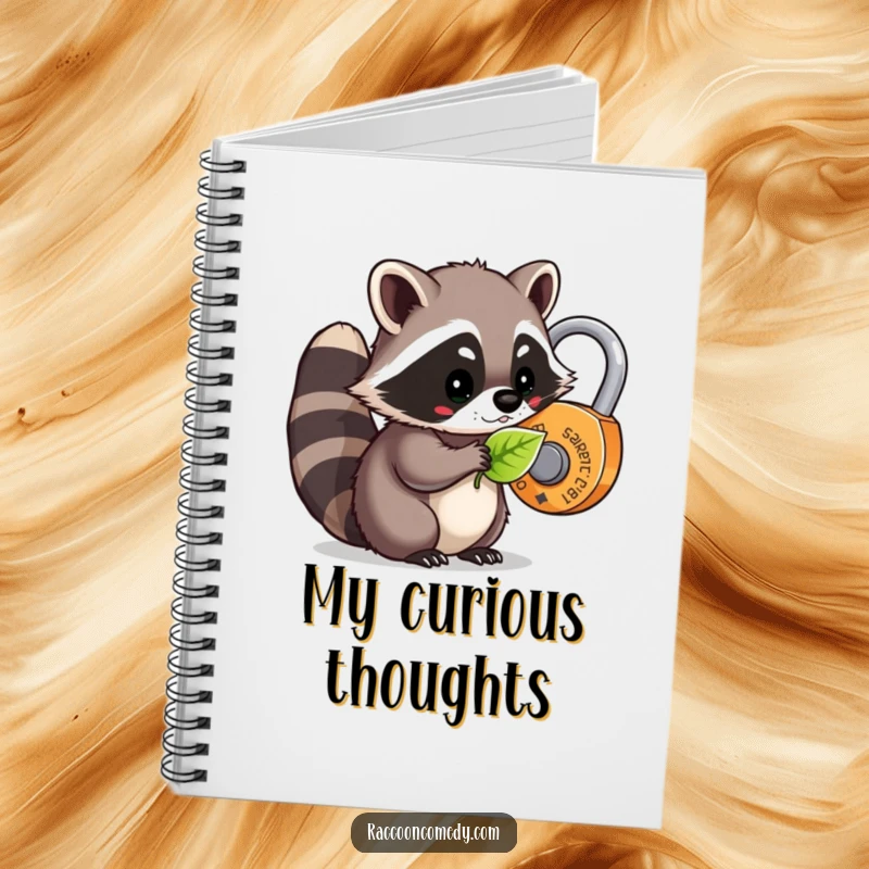Funny kawaii raccoon using a leaf to unlock a whimsical lock, humorously illustrated on a cute notebook cover.