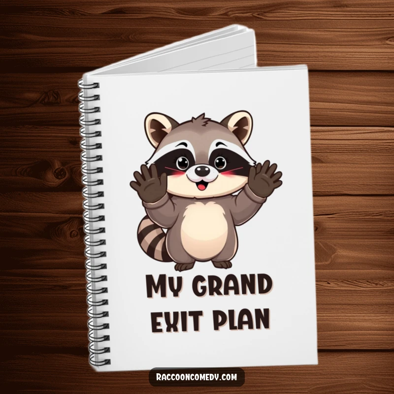 Funny kawaii raccoon waving goodbye on a notebook cover, inspiring creativity with its adorable and cheerful presence.
