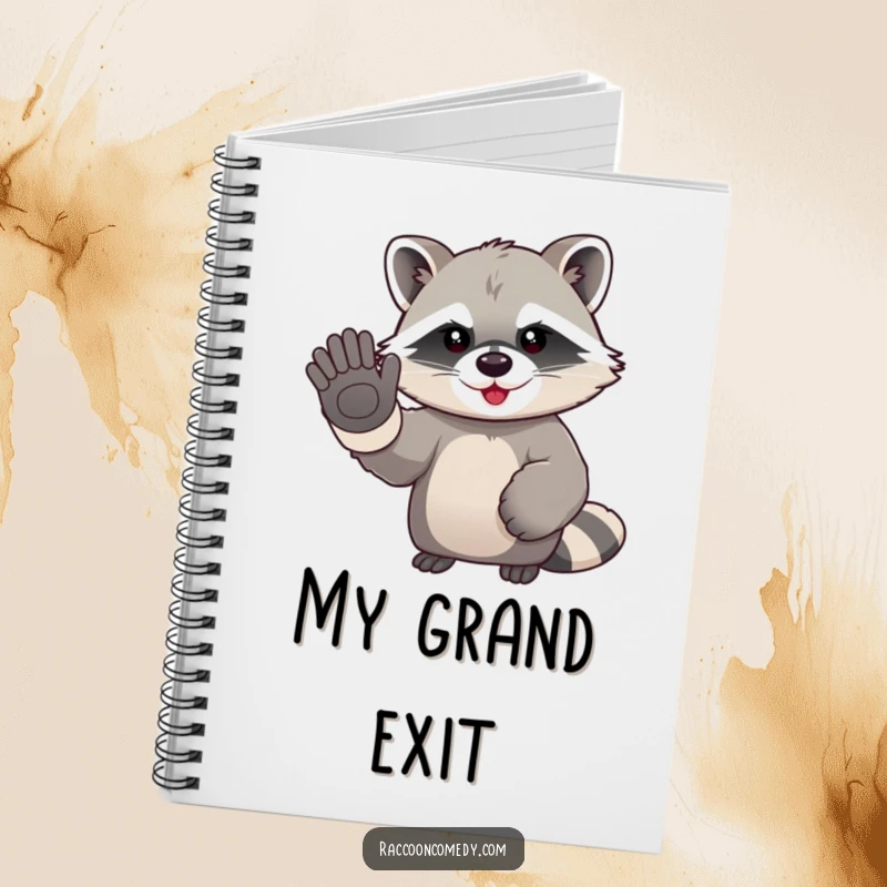 Funny kawaii raccoon wearing large gloves, humorously waving goodbye on a cute notebook cover, great for journaling.