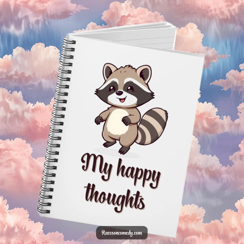 Funny notebook cover with a happy raccoon dancing, symbolizing a space for capturing joyful ideas and humor.
