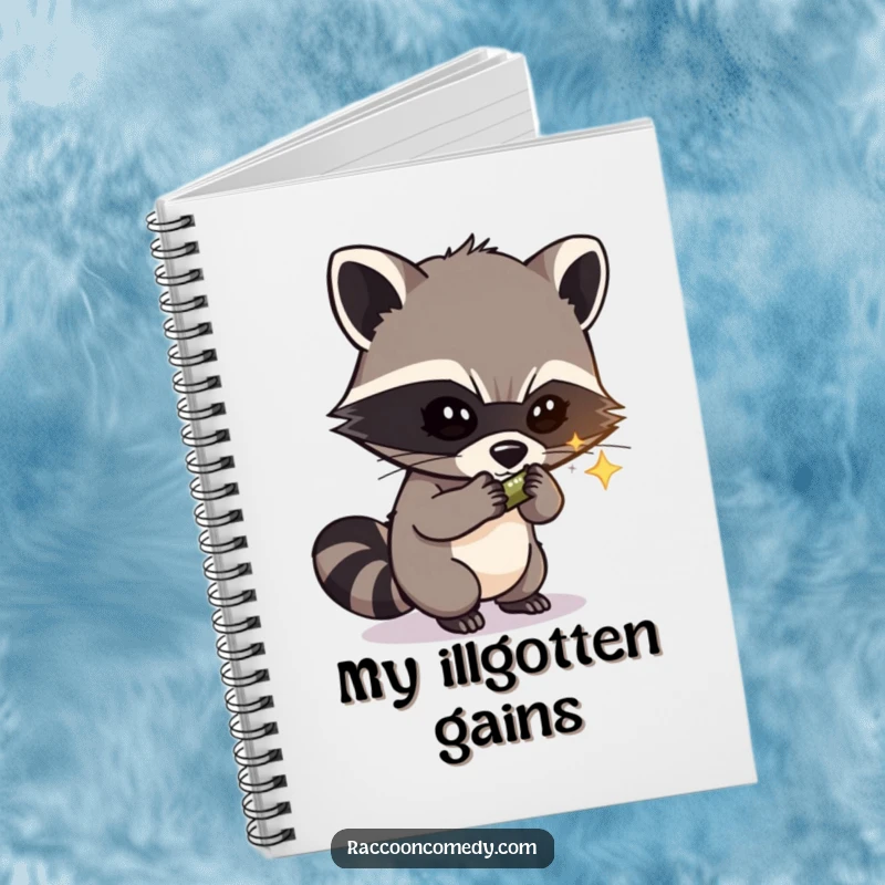Funny notebook cover with a masked raccoon bandit slyly eyeing a shiny object, symbolizing a place for clever and humorous notes.
