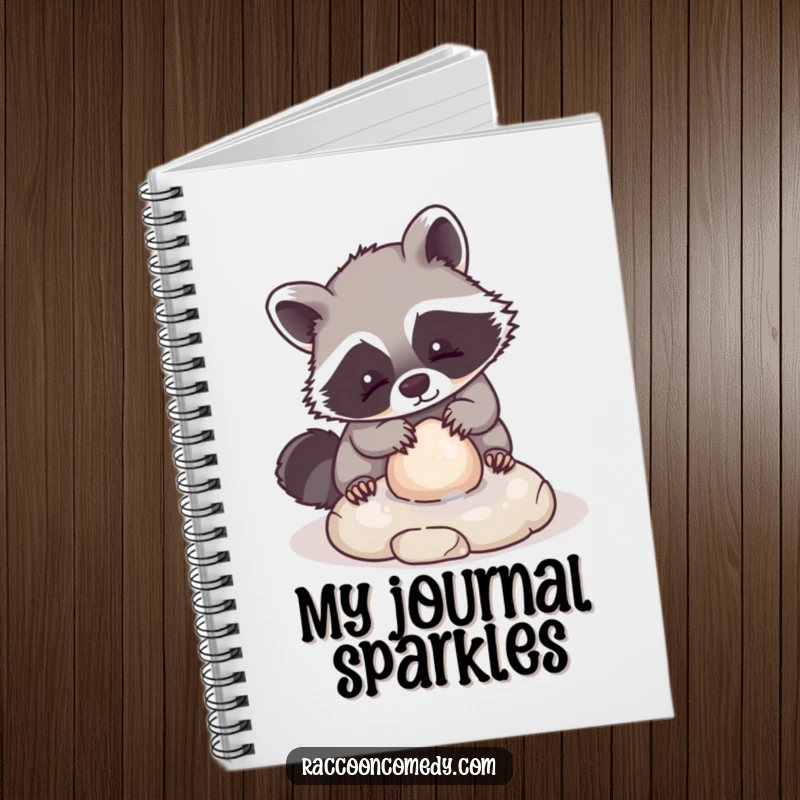 Funny notebook with a kawaii raccoon character playfully washing a small, round stone, perfect for jotting down ideas with adorable concentration.