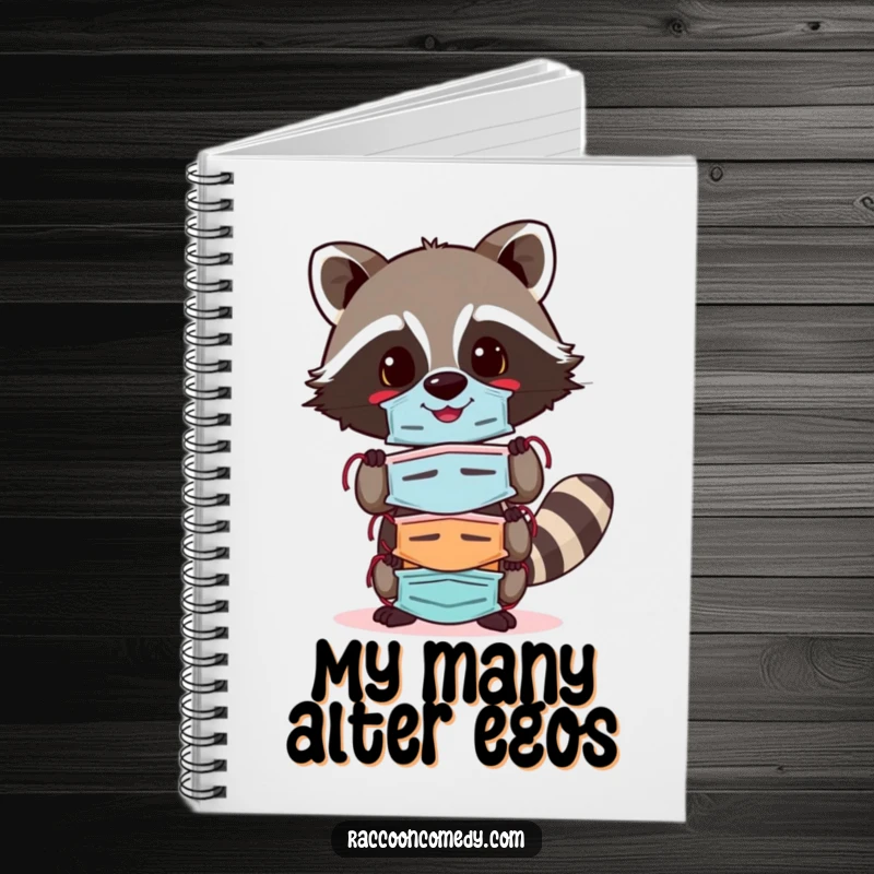 Funny raccoon notebook showing a cheerful raccoon balancing colorful masks, ideal for jotting down notes, plans, and embracing life's many roles.