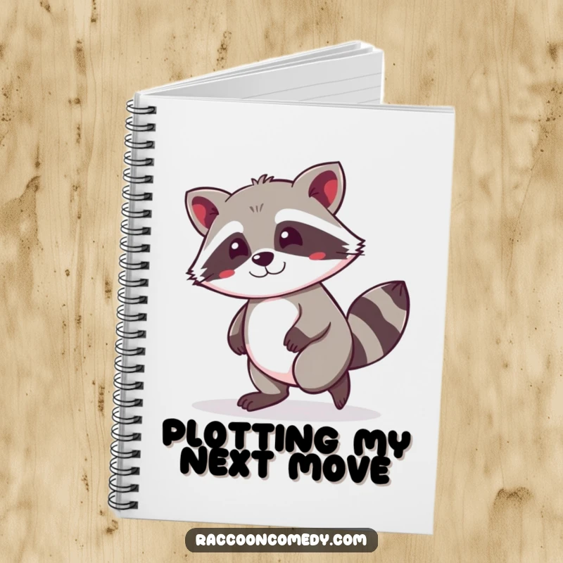 Funny kawaii raccoon tiptoeing with a mischievous grin on the cover of a lined notebook for jotting down funny ideas.
