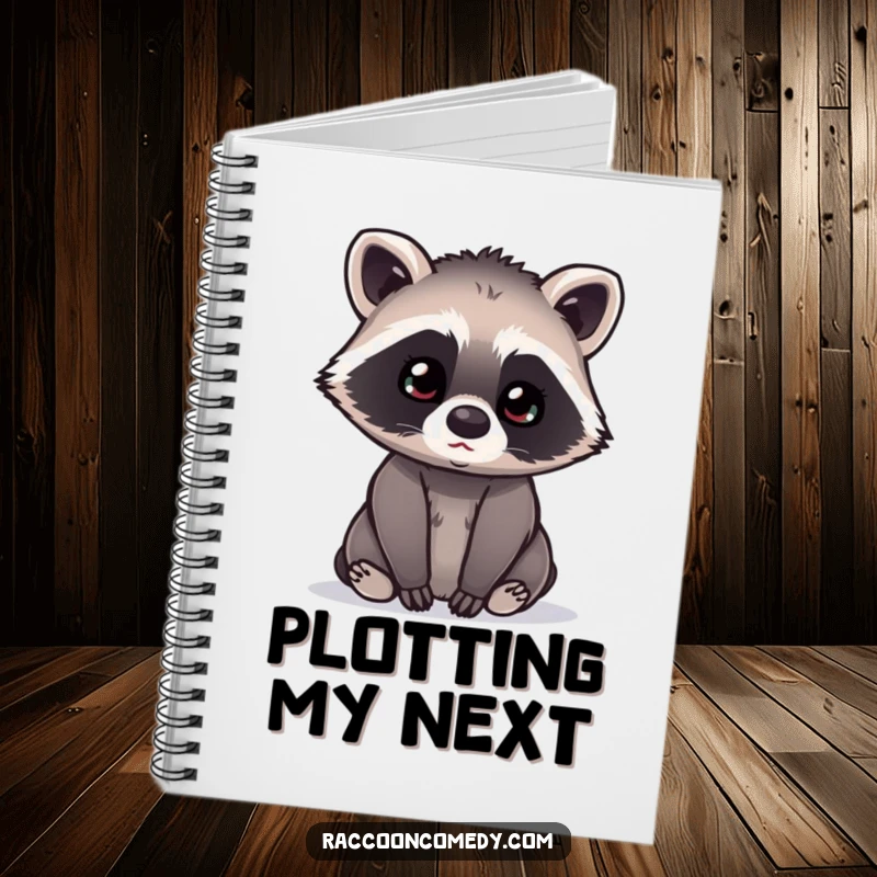 Funny kawaii raccoon with its head tilted curiously, listening intently, adorning the cover of a notebook for capturing thoughts and ideas.