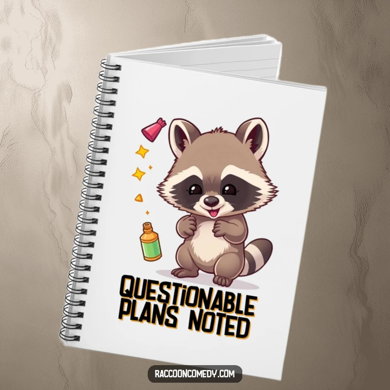 Funny notebook cover featuring a mischievous raccoon gleefully juggling shiny objects, ideal for note-taking and creative writing.
