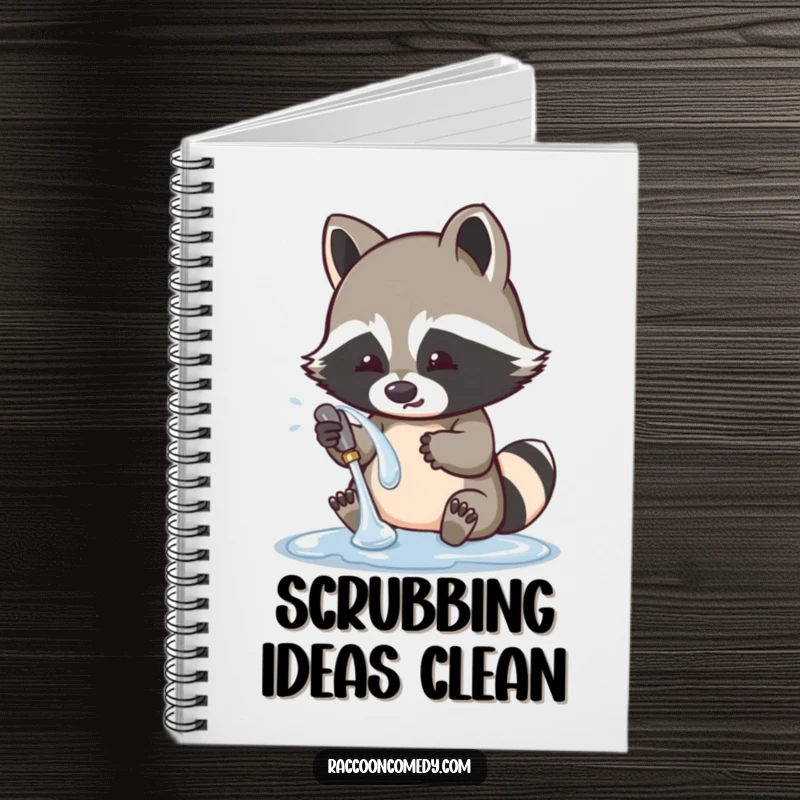 Funny raccoon notebook with a cute character playfully washing a shiny object, perfect for journaling or jotting down thoughts.
