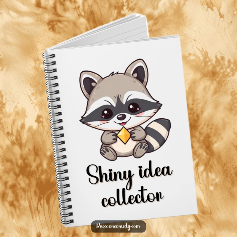 Funny kawaii raccoon notebook, sporting a mischievous grin and holding a shiny trinket, ready for secret notes.