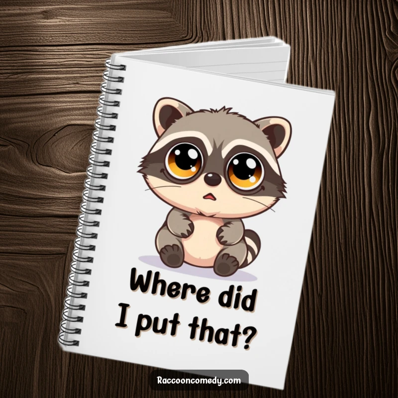 Funny kawaii raccoon with oversized googly eyes and a bewildered look on the cover of a lined notebook.