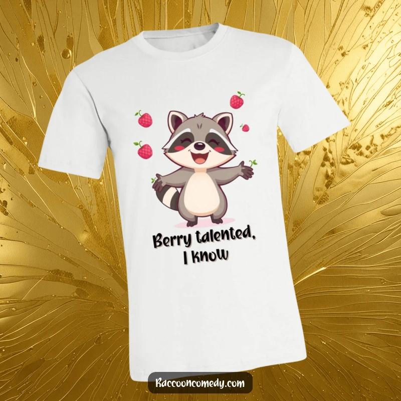 Funny raccoon t-shirt, a happy raccoon gleefully juggling bright berries, energetic and fun woodland animal graphic, perfect for smiles.