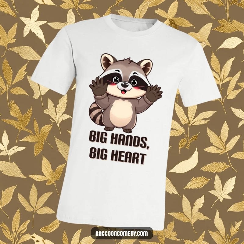 Funny kawaii raccoon wearing oversized gloves and waving enthusiastically, a charming tee for animal lovers and humor seekers.