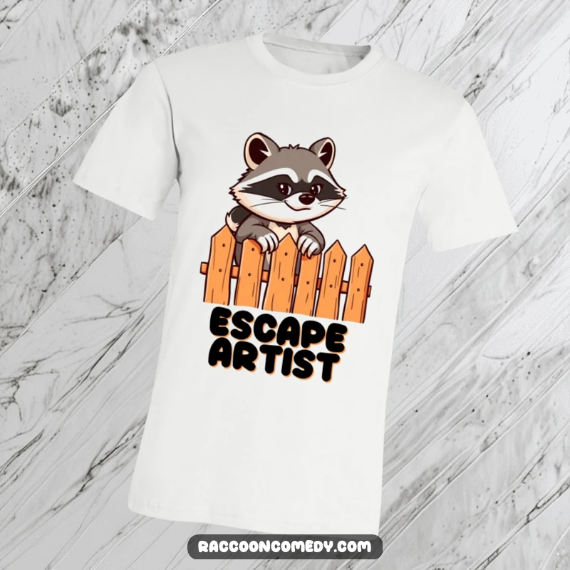 Funny t-shirt depicting a raccoon with a sly grin confidently scaling a stylized fence, highlighting playful escape and daring.