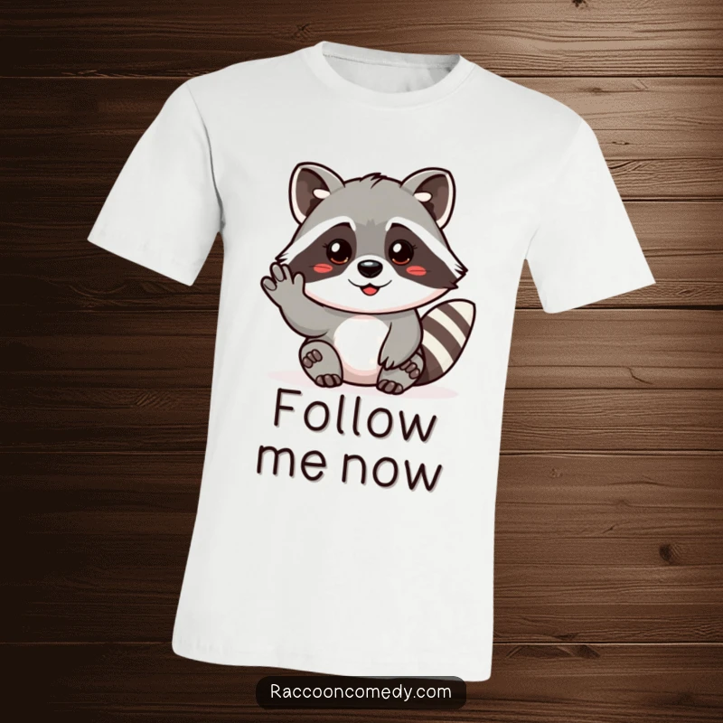 Funny t-shirt depicting a welcoming raccoon with an open paw, gesturing for you to come closer.