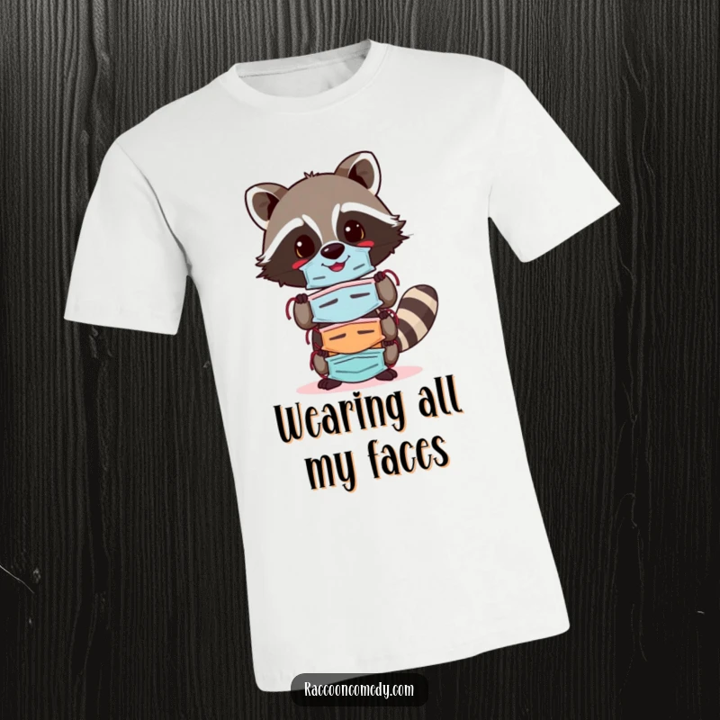 Funny raccoon t-shirt featuring a cheerful raccoon balancing a stack of colorful masks, embodying playfulness and the joy of embracing different roles.