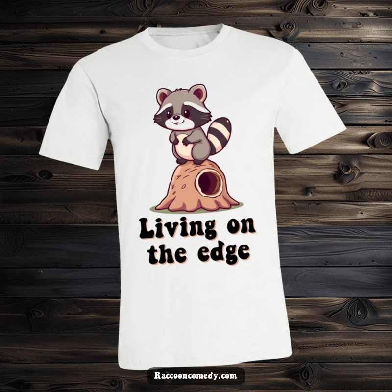 Funny kawaii raccoon cheerfully balancing on a precarious log on a t-shirt, showcasing happy clumsiness.