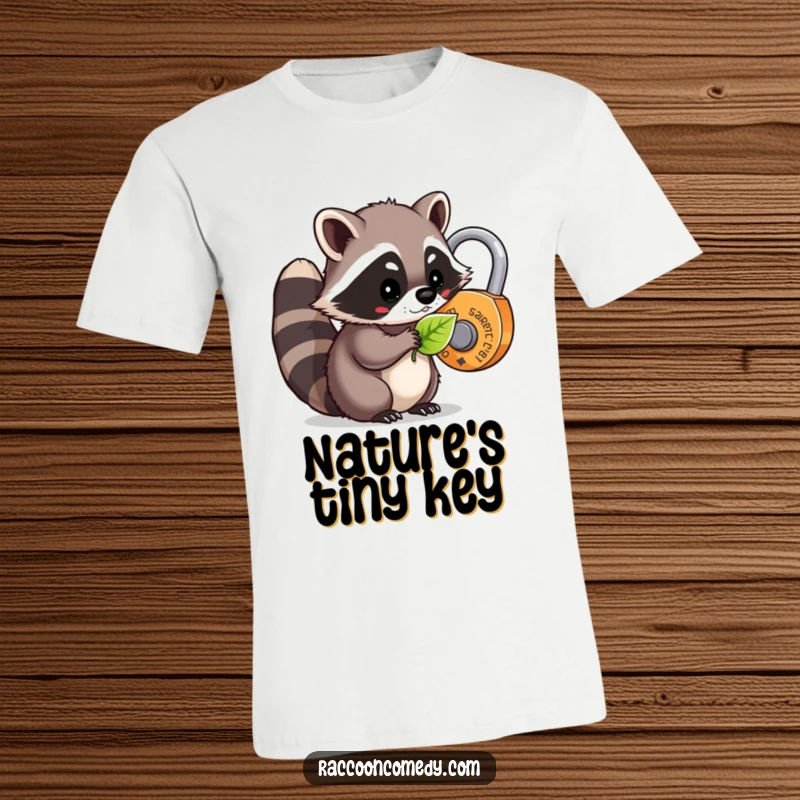 Funny kawaii raccoon attempting to unlock a magical lock using a leaf as a key on a t-shirt.
