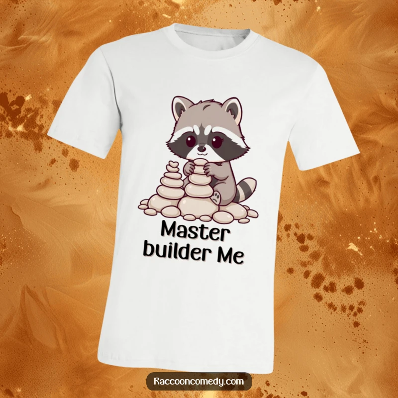 Funny raccoon t-shirt, a meticulous raccoon with nimble paws carefully stacking pebbles, whimsical animal graphic for craft lovers.