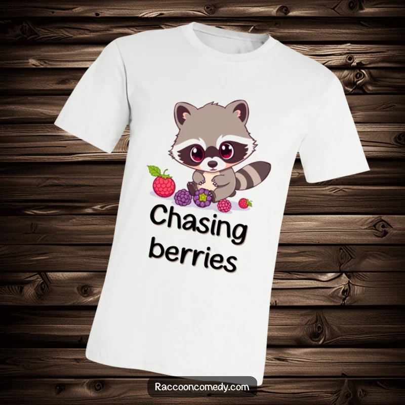 Funny Raccoon T-Shirt: This tee features a cute raccoon with comically wide eyes, hilariously chasing after rolling berries.