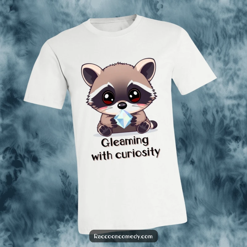Funny curious raccoon gem t-shirt graphic of a raccoon with wide, bright eyes intently examining a sparkling gem, radiating wonder.