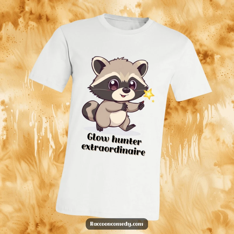 Funny playful raccoon t-shirt, wide-eyed, chasing glowing firefly, curious animal, ideal funny gift.