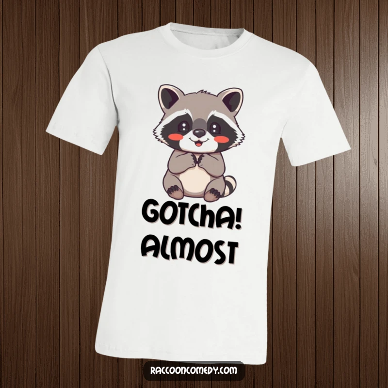 Funny raccoon t-shirt featuring an adorable raccoon with paws clasped, wearing a look of absolute, heartwarming delight.