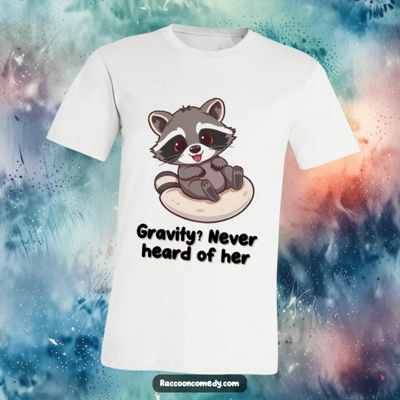 Funny raccoon t-shirt featuring a gleeful raccoon mid-slide down a slick surface, radiating pure, uninhibited joy.