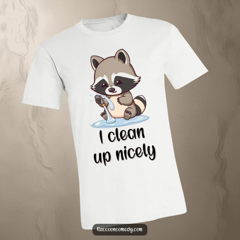 Funny raccoon t-shirt with a cute character engaged in playfully washing a shiny object, highlighting its industrious and quirky nature.