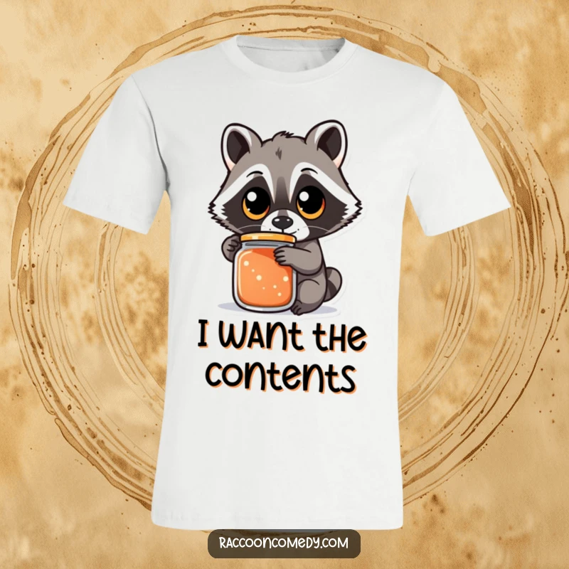 Funny raccoon t-shirt depicting a determined raccoon with big, round eyes struggling to twist open a stubborn jar, a humorous funny gift.