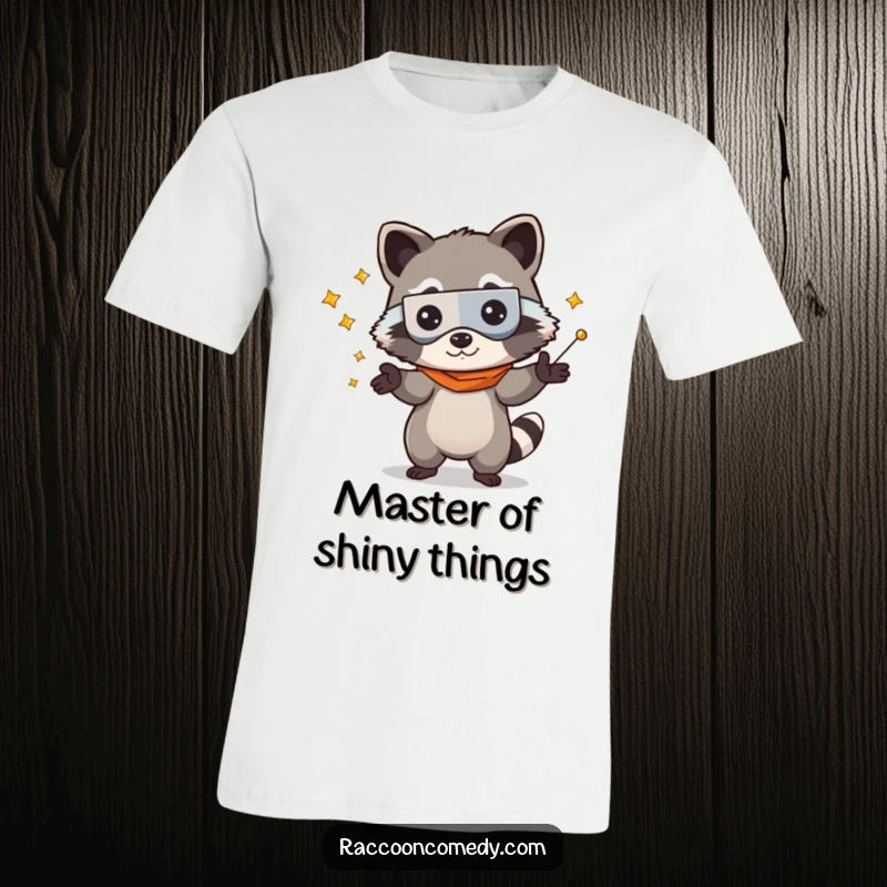 Funny kawaii raccoon in a bandit mask, humorously juggling shiny objects on a comfortable t-shirt, great for quirky fashion.