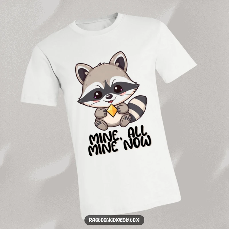 Funny kawaii raccoon t-shirt, with a wide mischievous grin, clutching a coveted shiny trinket.