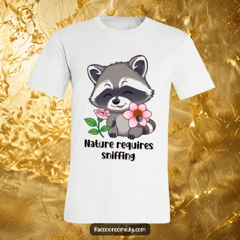 Funny raccoon t-shirt showing a masked bandit gently sniffing a colorful flower, nose twitching with curiosity, a great funny gift.