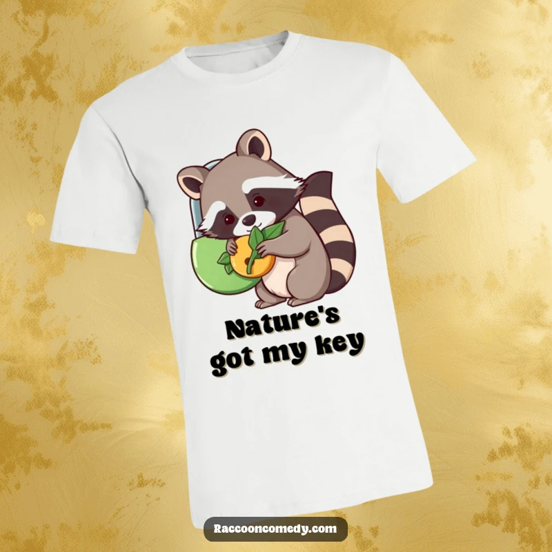 Funny kawaii raccoon struggling to unlock a lock with a leaf, a charming and humorous t-shirt for puzzle lovers.