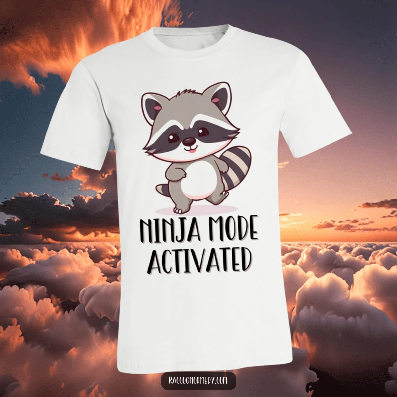 Funny kawaii raccoon t-shirt, master of disguise, tiptoeing with exaggerated stealth and a cheeky smile.