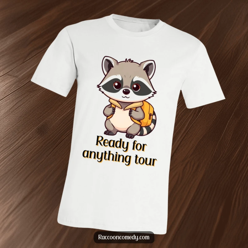 Funny kawaii raccoon t-shirt, equipped with a tiny backpack, exuding excitement for a grand adventure.