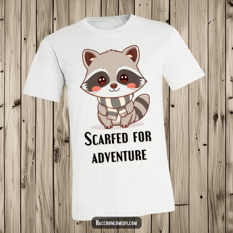 Funny kawaii raccoon with a cheeky smile and a small striped scarf, printed on a comfortable t-shirt.