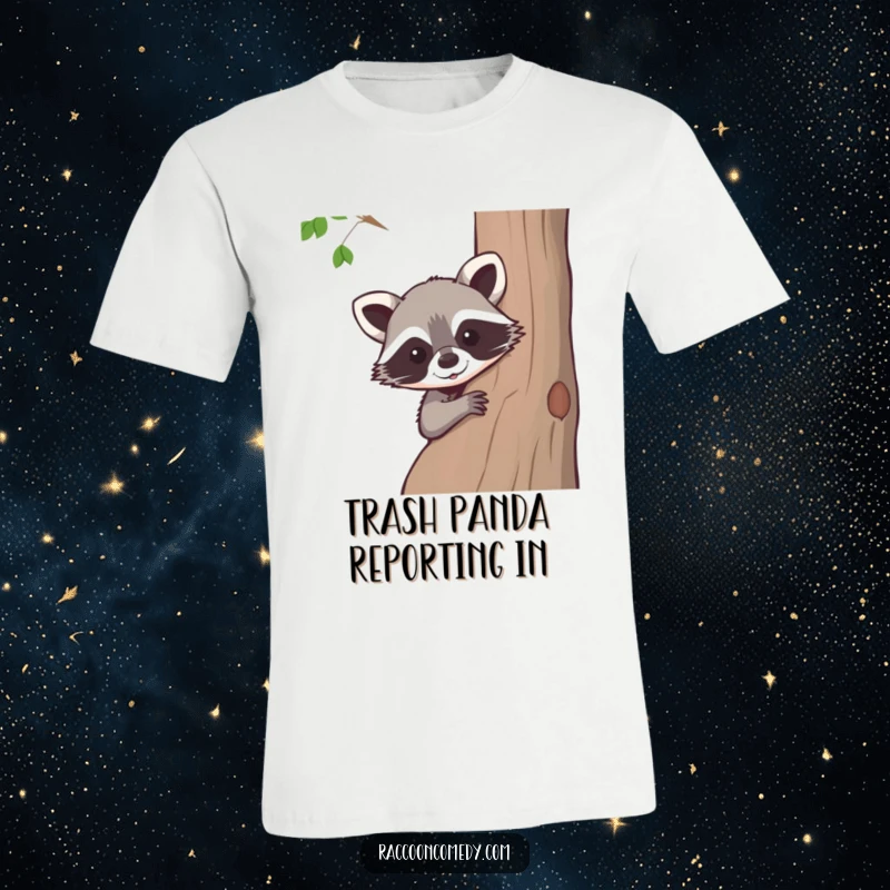 Funny raccoon t-shirt, a smiling raccoon playfully peeking from behind a tree, cute woodland graphic, ideal for humor seekers.