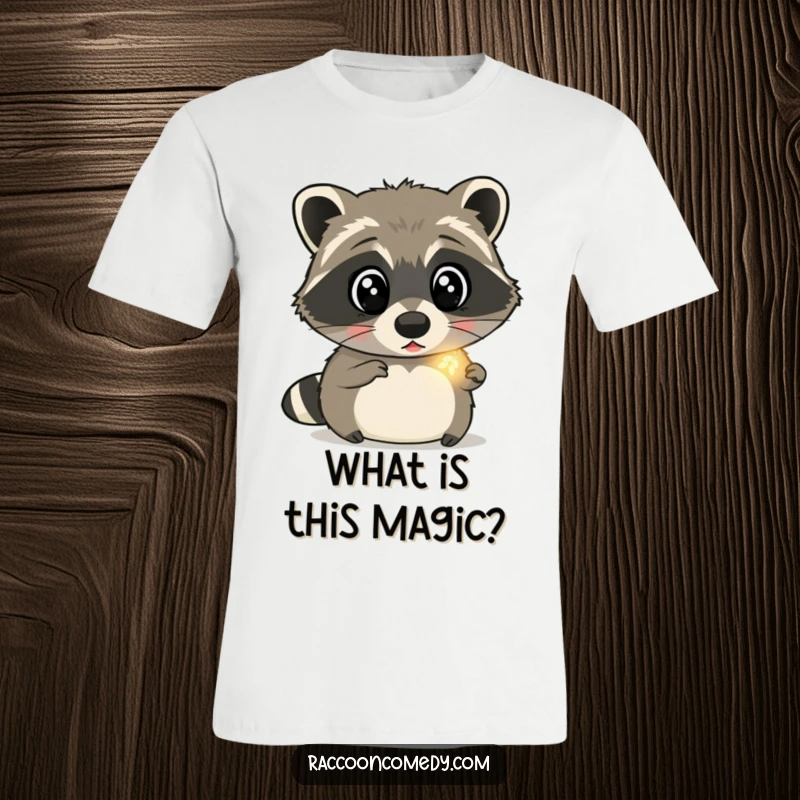 Funny raccoon t-shirt featuring a surprised raccoon with wide eyes, captivated by the gentle glow of a tiny firefly, embodying pure amazement.