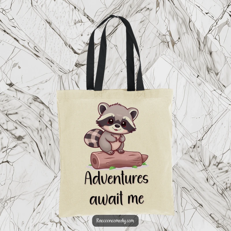 Funny Raccoon Tote Bag: A tiny, happy raccoon successfully balances on a log with adorable grace.