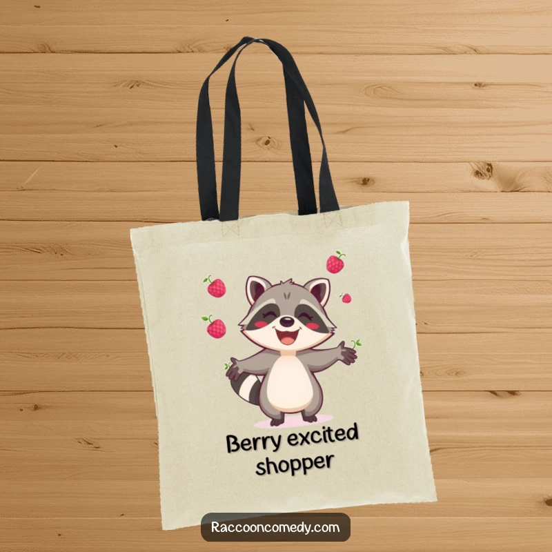 Funny raccoon tote bag, spacious and sturdy, depicting a joyful raccoon juggling colorful berries, great for shopping trips.