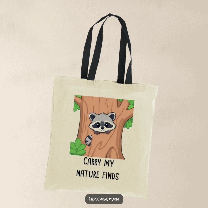 Funny kawaii raccoon tote bag, peeking playfully from behind a stylized tree, adding woodland charm.